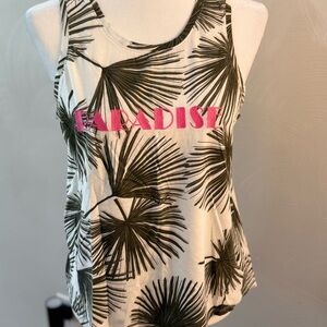 a new day Palm-Print Tank Top with Pink 'PARADISE' Text